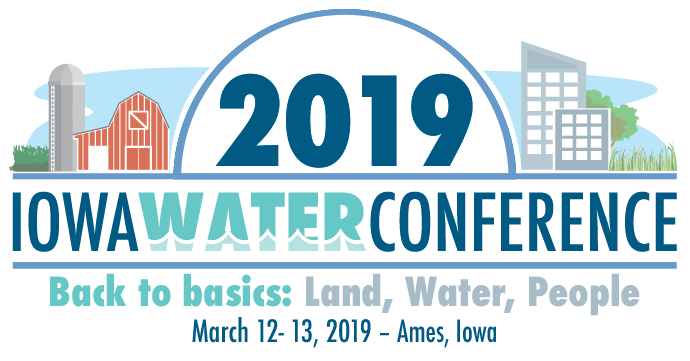 Blue and aqua logo for the 2019 Iowa Water Conference with the event's dates: March 12 - March 13, 2019 in Ames, Iowa