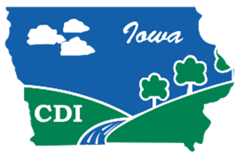 Conservation Districts of Iowa Logo; state of Iowa with blue sky, clouds, and green land (IAWA partner for conservation and profitability)