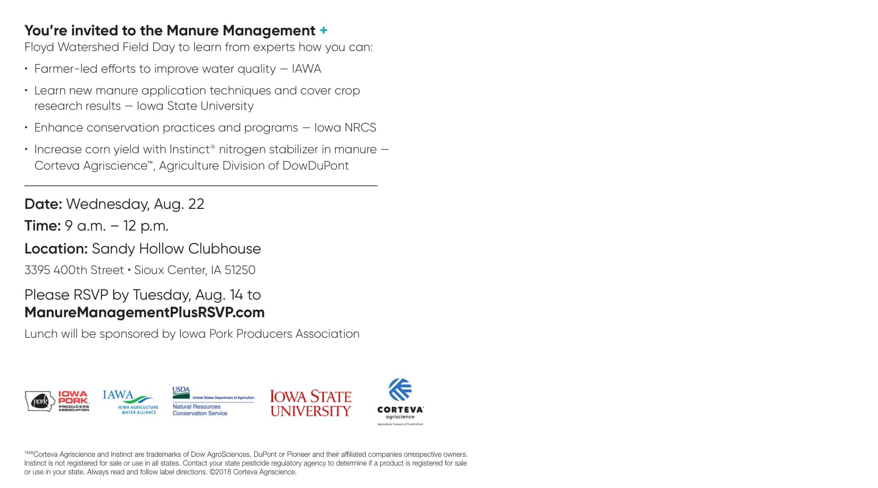 Details and agenda for the Floyd Watershed field day about "Manure Management Plus"