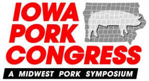 2019 Iowa Pork Congress logo/design in red lettering with a hog in the state of Iowa