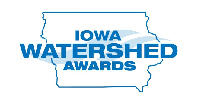 Iowa Watersged Awards Logo in blue with the state of Iowa outlined, and two waves in the background