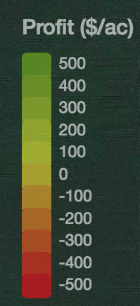 Legend for comparative field images that are helping farmers improve profitability. Precision ag technology shows field profit loss (red) and profitable (green) areas that farmers use to evaluate management options.