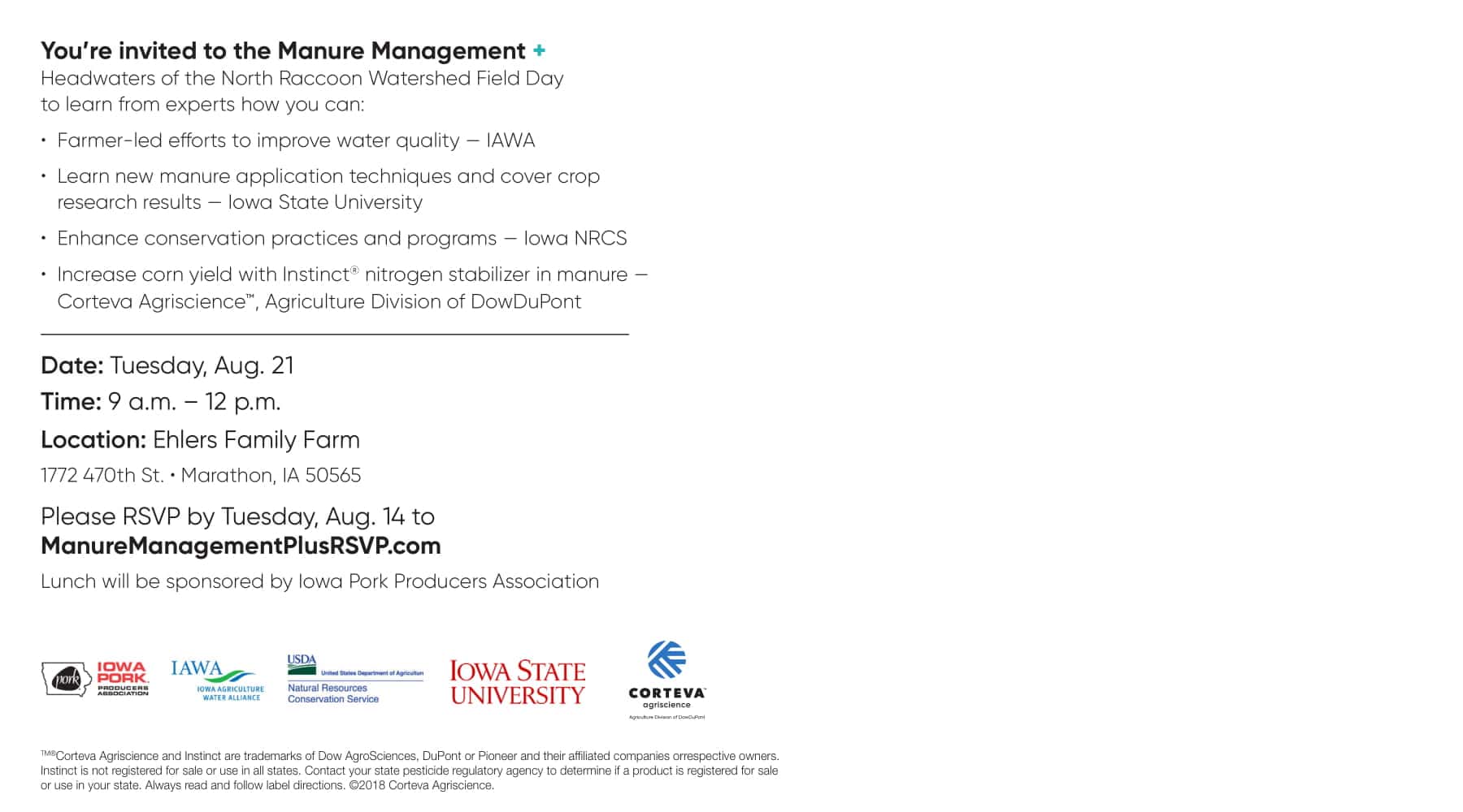 "You're Invited" to this Manure Management Plus field day flyer in the Headwaters of the North Raccoon