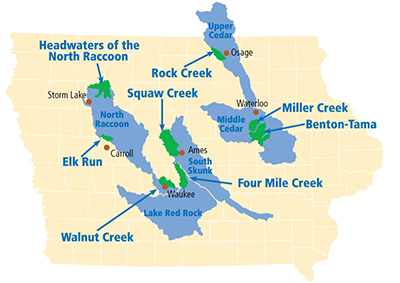 Interactive map of IAWA's priority watersheds throughout Iowa