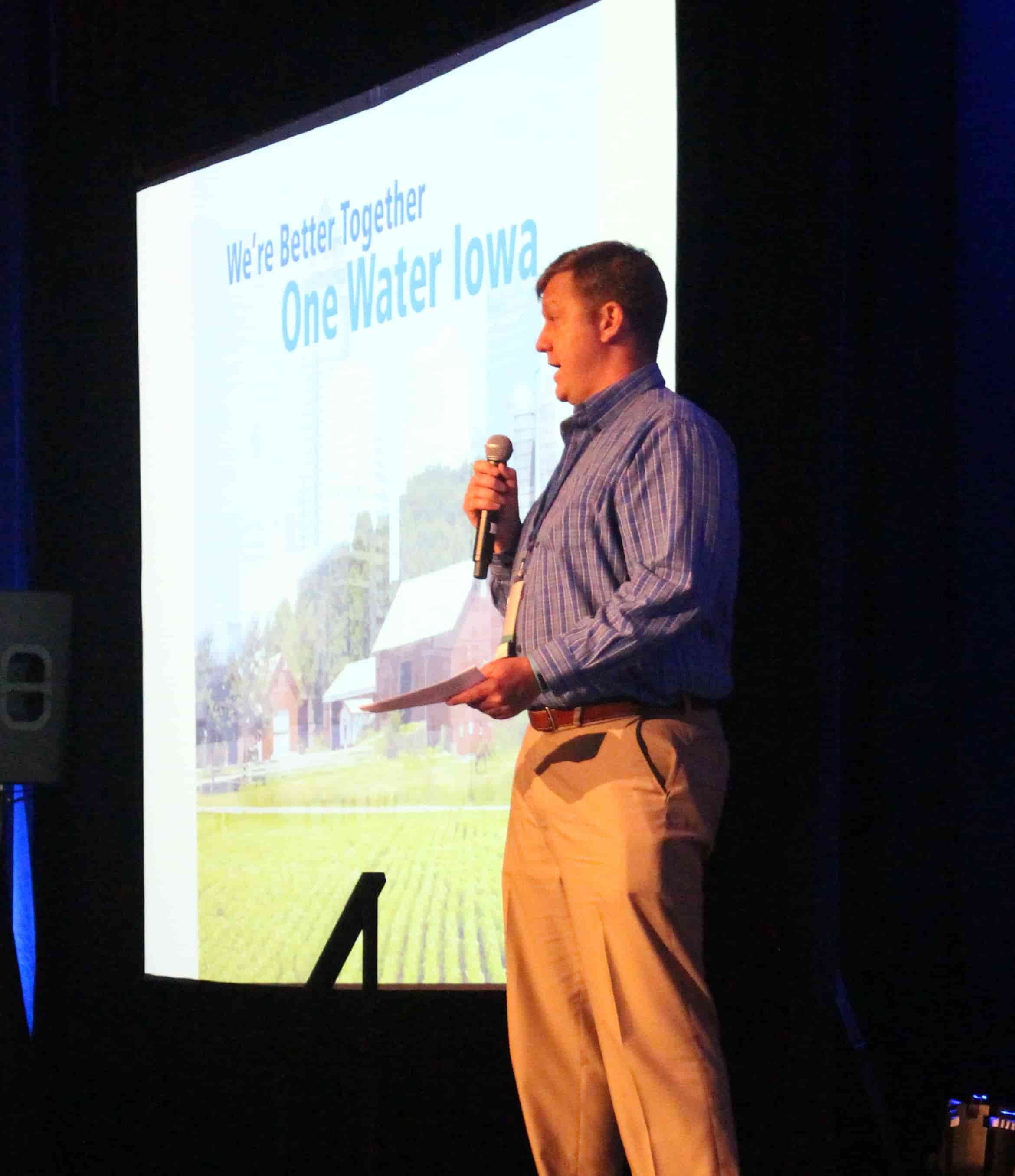 Sean McMahon, executive director of IAWA, presenting during closing remarks of the One Water Summit 2017