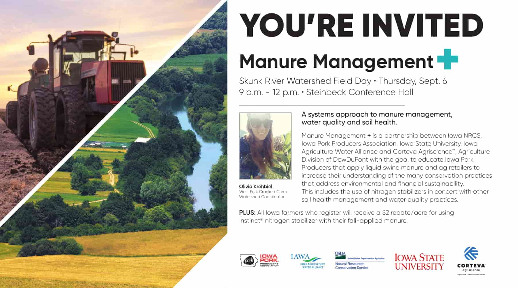 Manure Management Plus field day flyer for event in the Skunk River Watershed with Olivia Krehbiel's headshot