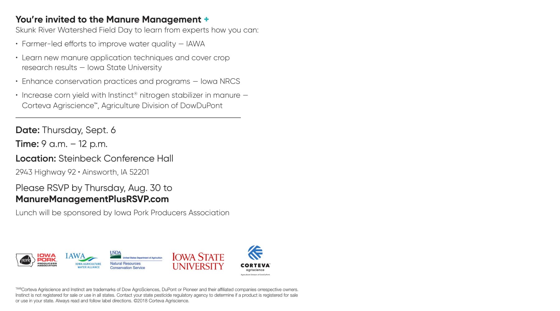 Agenda/Flyer for the Manure Management Plus field day in the Skunk River Watershed