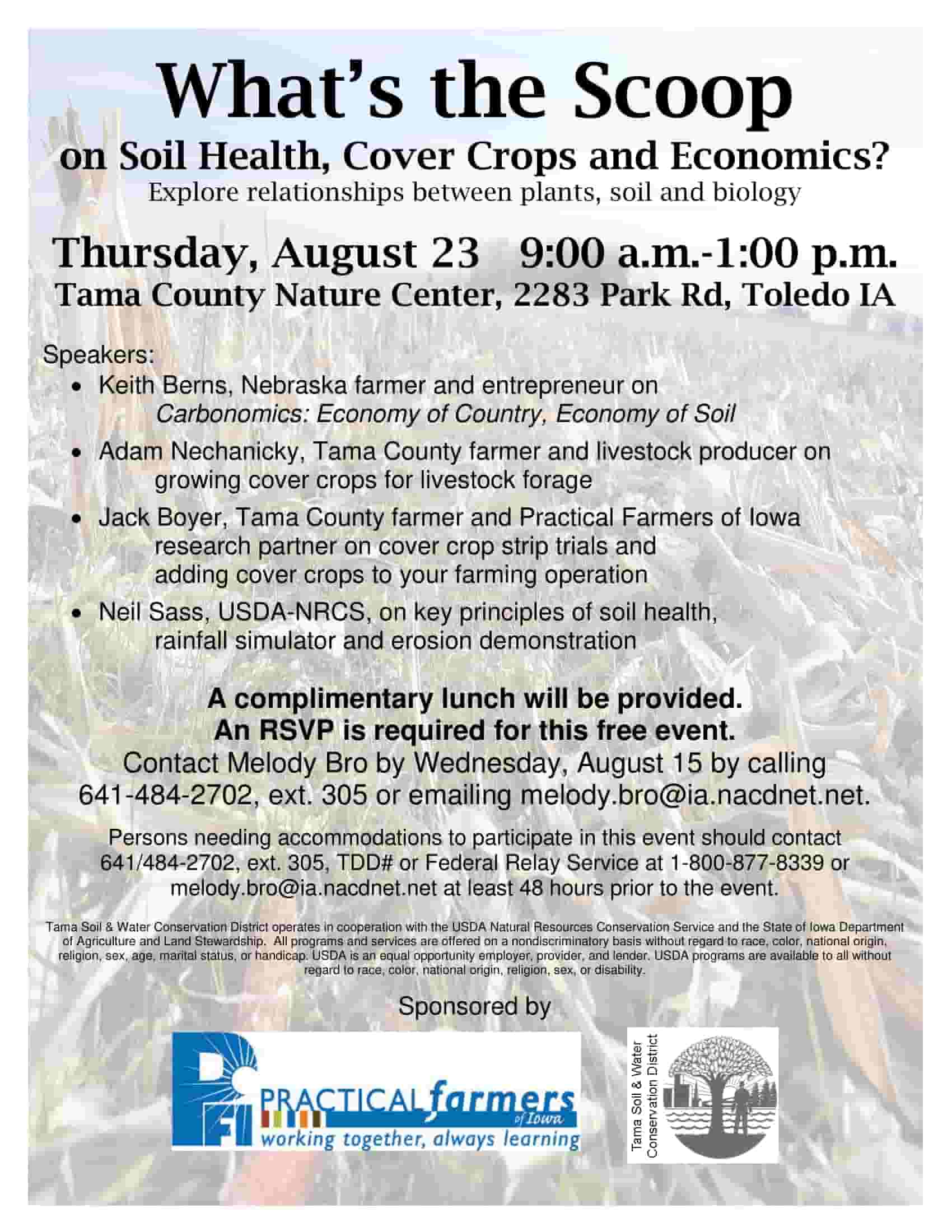 Field day flyer for event in Tama County about the relationships between plants, soil and biology as well as soil health, cover crops and economics
